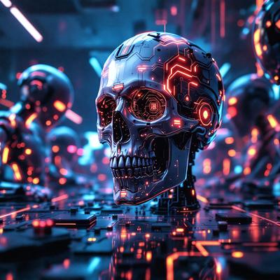 The primary subject of the image is a futuristic robotic skull with a blue background. The skull is the focal point of the scene, and it appears to be a digital art or illustration. The colors in the image are predominantly blue, creating a calm and futuristic atmosphere. The setting is a dark room with other robotic skulls in the background, adding to the overall visual style and mood of the image.